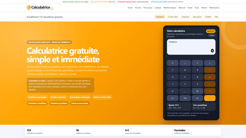 Page d’accueil du site Calculatrice.com